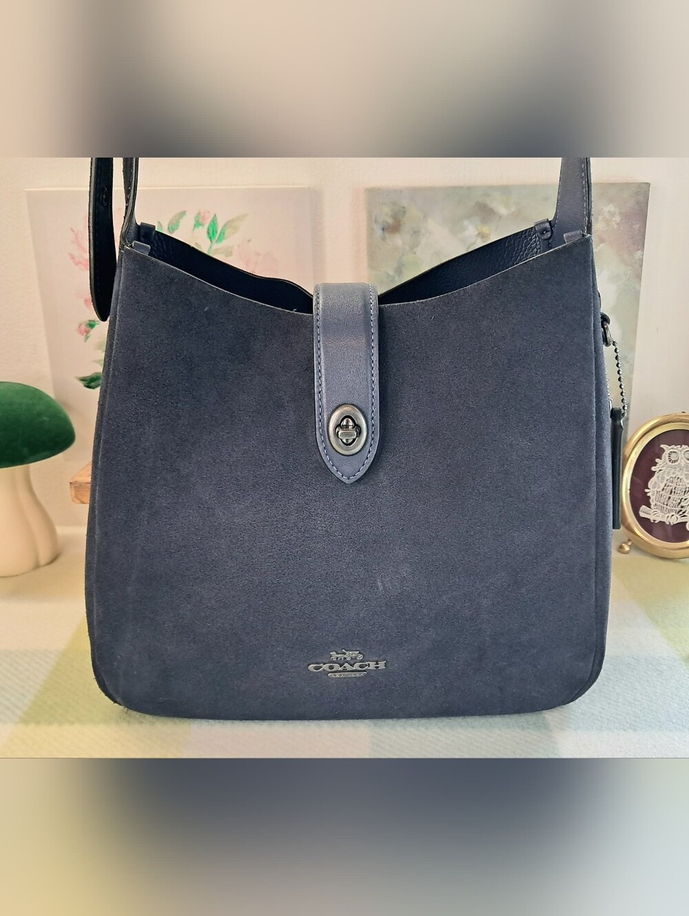 Coach CW004 Hadley Convertible Crossbody Bag Navy Blue Suede Leather